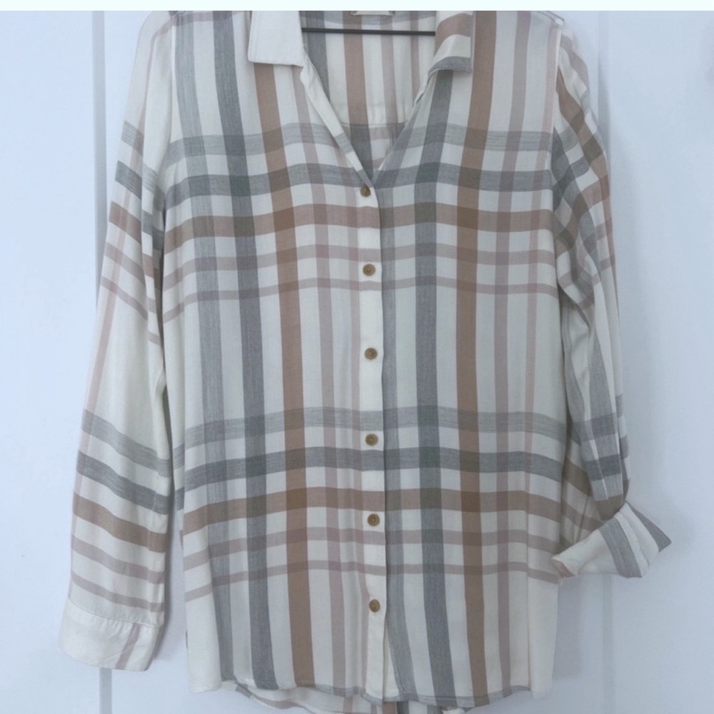 Altar'd State Cream and Gray Plaid Button-Down Shirt
